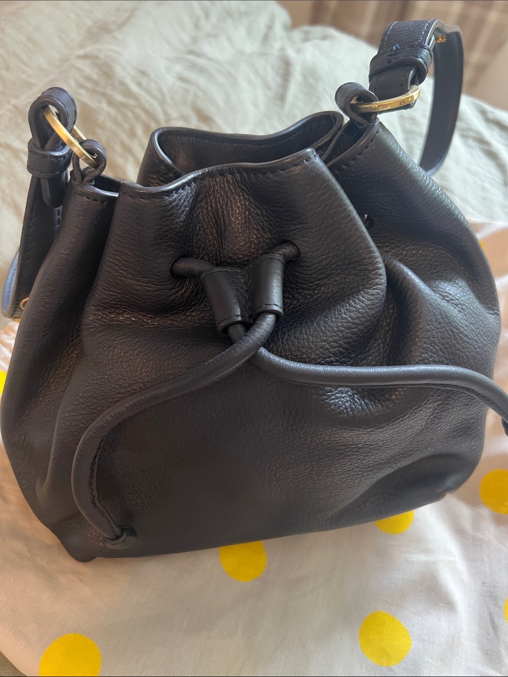 NEW with Dustbag - BODEN Dark Blue Pebble Leather Drawstring Shoulder Bag